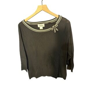 Bob Mackie Studio Black Beaded Bow Striped Neck 3/4 Sleeve Knit Top Women's L